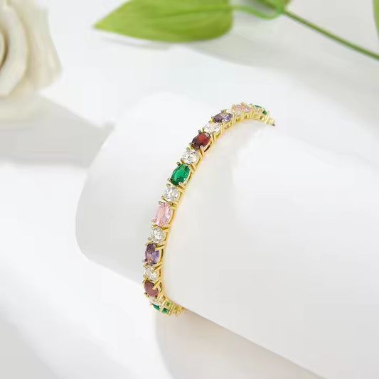 Multi Color Oval Cut Gems Stone 925 Sterling Silver Tennis Women's Bracelet