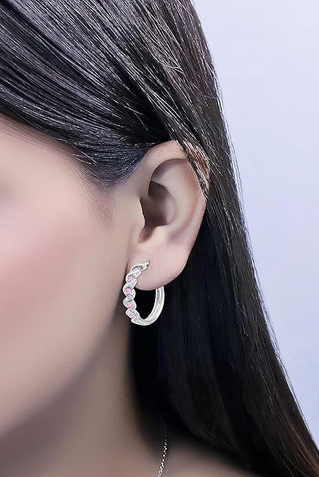 Stunning Curved Hoop Earrings with Pink Sapphires – Luxurious Design
