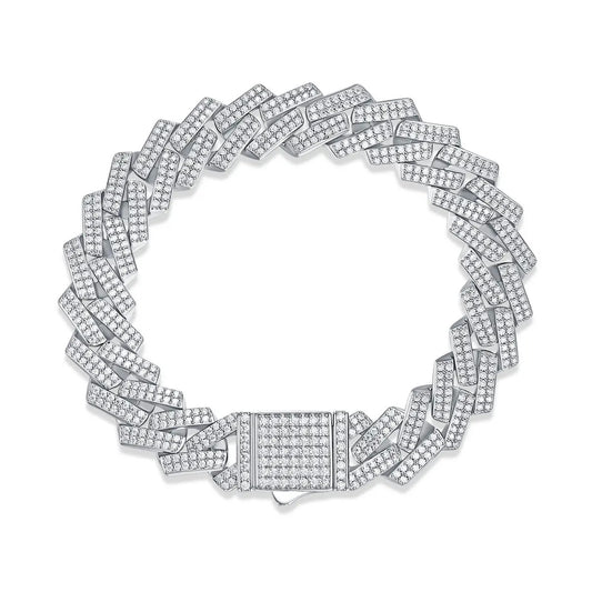 2-Row Pave-Set Real Moissanite Cuban Link Rapper Bracelet for Men in Silver