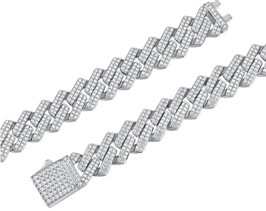 2-Row Pave-Set Real Moissanite Cuban Link Rapper Bracelet for Men in Silver