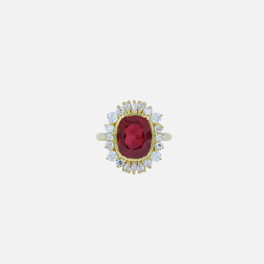 Red Ruby Cluster Women's Ring 14K Yellow Gold Over Diamond Ring