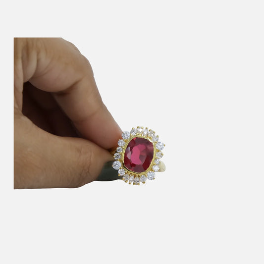 Red Ruby Cluster Women's Ring 14K Yellow Gold Over Diamond Ring