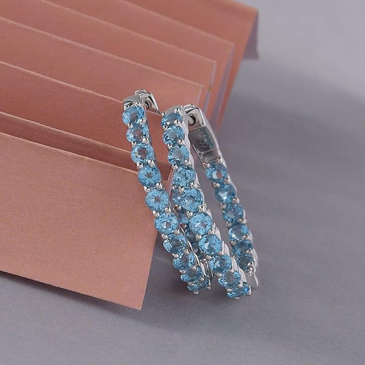 Elegant Round Cut Blue Topaz Hoop Earrings - Timeless Sparkle