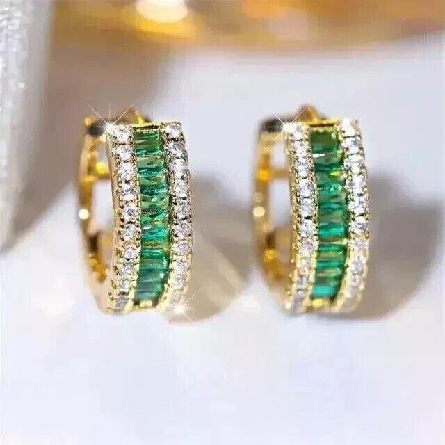 2Ct Baguette Cut Green Emerald Hoop Earrings 14K Yellow Gold Plated 925 Silver - Berylcrafts2Ct Baguette Cut Green Emerald Hoop Earrings 14K Yellow Gold Plated 925 SilverWomen's