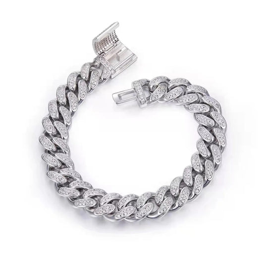 12 MM Two-Row Real Moissanite Cuban Chain Link Bracelet for Men