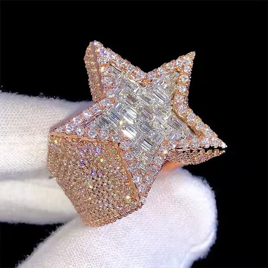 Brilliant Cut Diamond Star Ring - 925 Sterling Silver Rapper Iced Out Diamond Ring