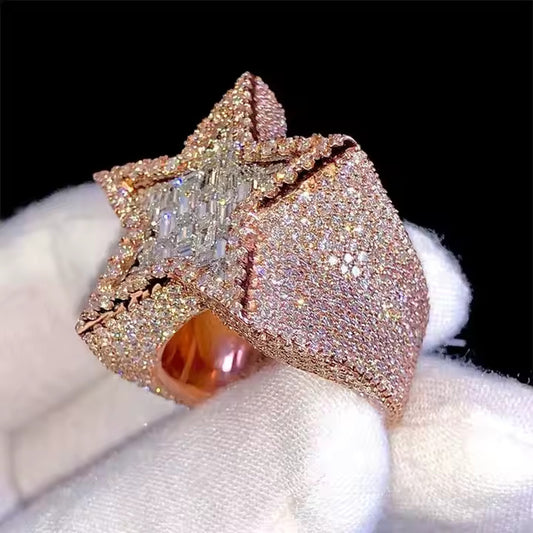 Brilliant Cut Diamond Star Ring - 925 Sterling Silver Rapper Iced Out Diamond Ring