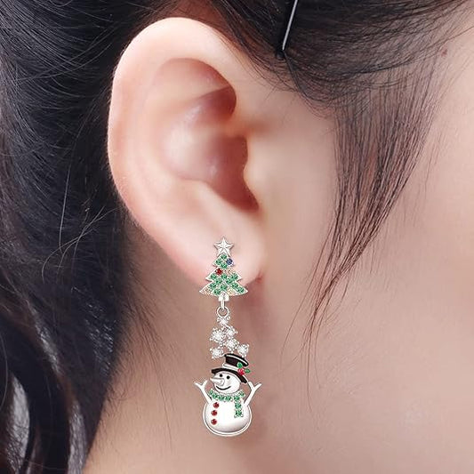 Multi-Sapphire Holiday Drop Earrings – Snowman & Tree