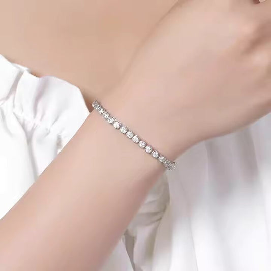 Bezel Setting Round Cut Diamond Tennis Wedding White Gold Silver Bracelet