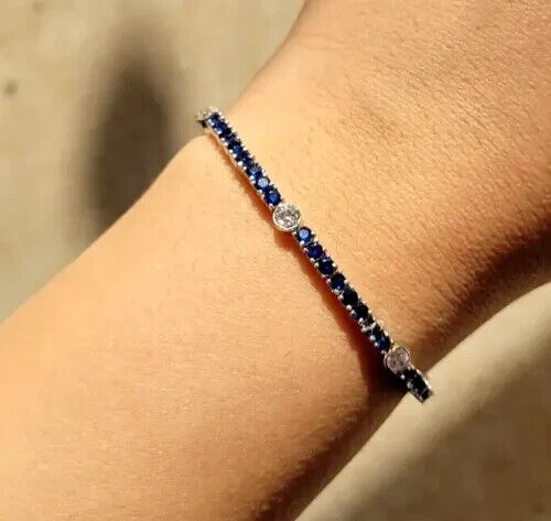 4 MM Sapphire And Diamond Silver Bracelet