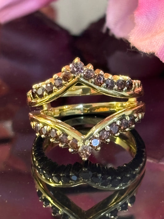 Yellow Gold Finish Ring Chocolate Brown Diamond Wrap V Shaped  Enhancer Guard