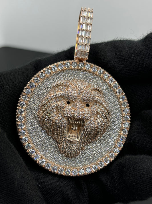 Lion Head Iced Out Pendant Moissanite Rose Gold Pendant, Hip Hop Rapper Men's Pendant