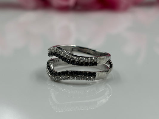 Two Row Band Wrap Ring Black And White Diamond Enhancer Ring Silver Guard Ring Jewelry Gift For Women's Da