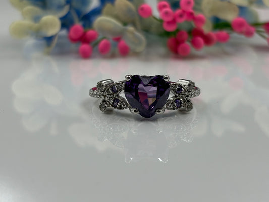 Heart Cut Purple Amethyst Ring 925 Sterling Silver Wedding Ring Diamond Women's Ring