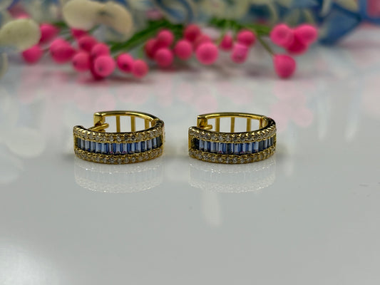 Baguette Blue Sapphire And Diamond 925 Sterling Silver Hoop Huggie Earrings