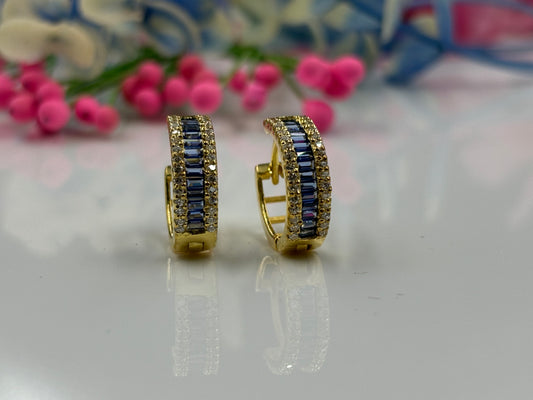 Baguette Blue Sapphire And Diamond 925 Sterling Silver Hoop Huggie Earrings