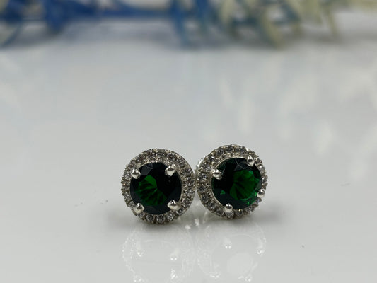 Green Emerald Halo Earrings 925 Sterling Silver Studs Earrings