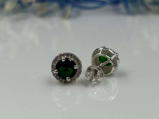 Green Emerald Halo Earrings 925 Sterling Silver Studs Earrings