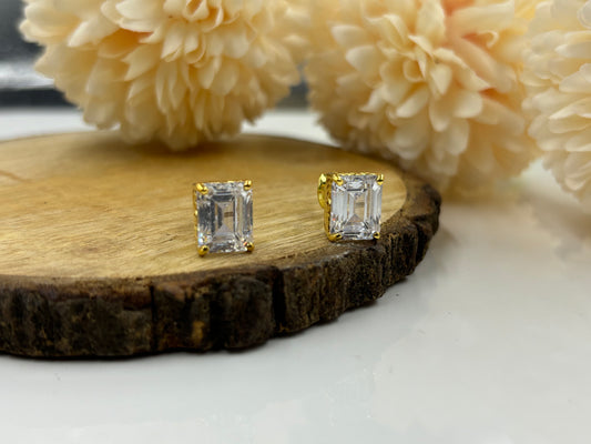 Elegant 8x6 MM Emerald Cut Diamond Stud Earrings in Yellow Gold-Plated Silver