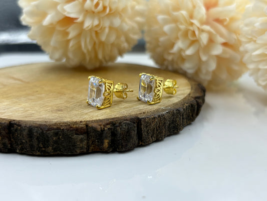 Elegant 8x6 MM Emerald Cut Diamond Stud Earrings in Yellow Gold-Plated Silver