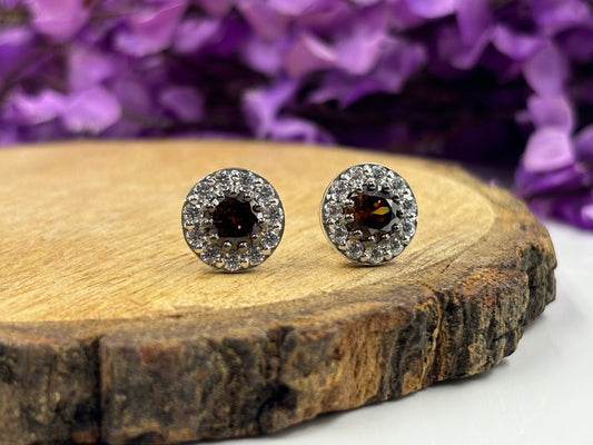 Brown Diamond Halo Stud Earrings in White Gold over Sterling Silver