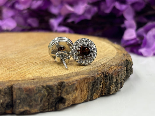 Brown Diamond Halo Stud Earrings in White Gold over Sterling Silver