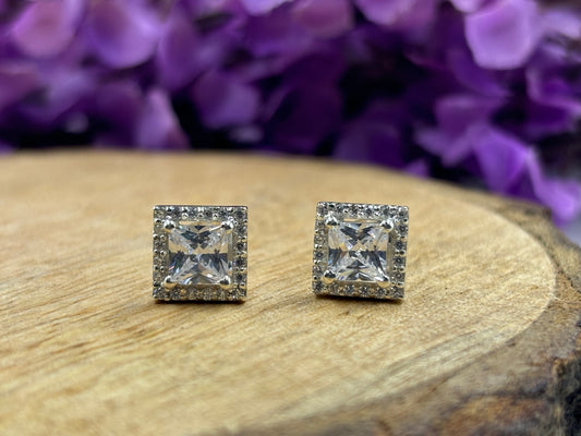 Princess Cut Diamond Halo Stud Earrings in 925 Sterling Silver – Elegant Push-Back Studs for Every Occasion