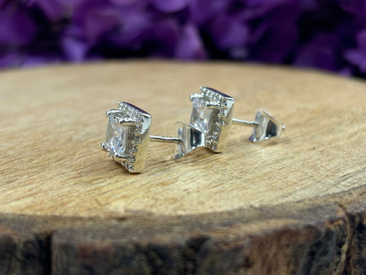 Princess Cut Diamond Halo Stud Earrings in 925 Sterling Silver – Elegant Push-Back Studs for Every Occasion