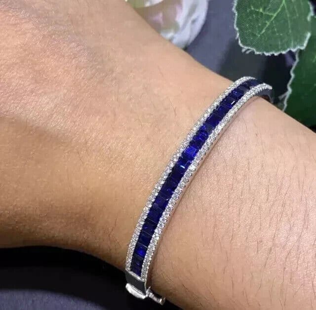 Luxury Blue Sapphire Bangle – Princess Cut Gemstone - BerylcraftsLuxury Blue Sapphire Bangle – Princess Cut GemstoneBracelets