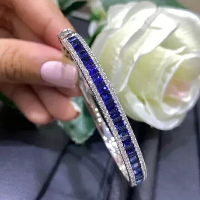 Luxury Blue Sapphire Bangle – Princess Cut Gemstone - BerylcraftsLuxury Blue Sapphire Bangle – Princess Cut GemstoneBracelets