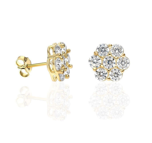 Diamond Cluster Push Back 925 Sterling Silver Studs Earrings