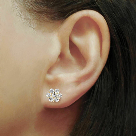 Diamond Cluster Push Back 925 Sterling Silver Studs Earrings