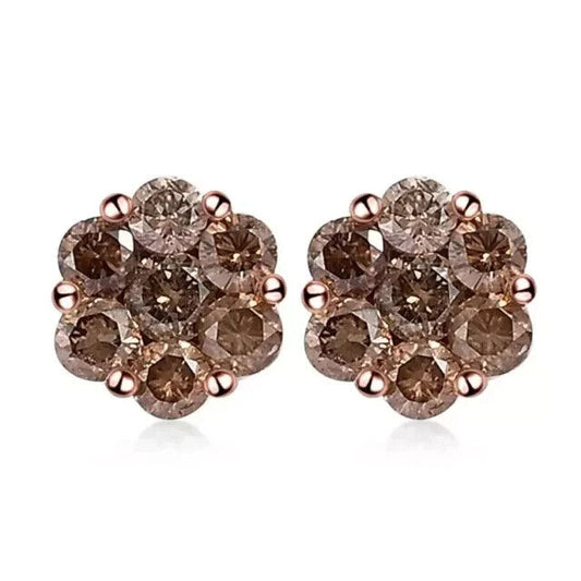 Brown diamond Cluster Push Back 925 Sterling Silver Studs Earrings