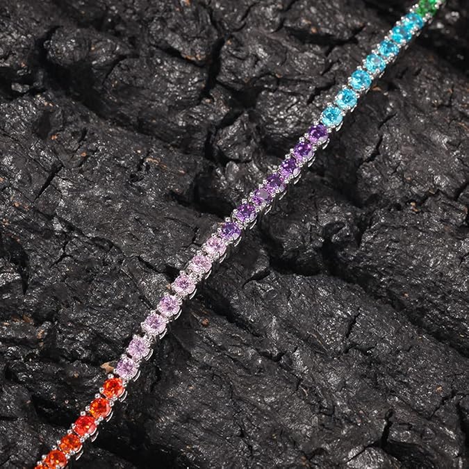 Women's Rainbow Sapphire Tennis Bracelet – Round Cut Stones in Classic Tennis Style - BerylcraftsWomen's Rainbow Sapphire Tennis Bracelet – Round Cut Stones in Classic Tennis StyleBracelets